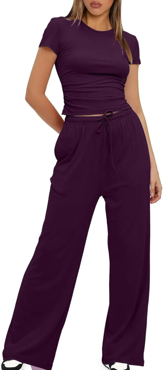 Women's Summer 2 Piece Outfits 2024 Sexy Ruched Slim Fit Short Sleeve Shirt Crop Top Wide Leg Pant Matching Sets