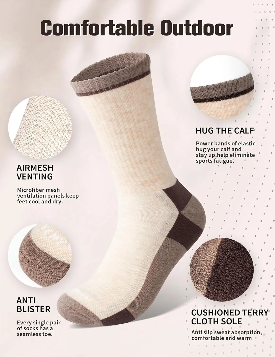 Wool Hiking Socks for Men - Women Lightweight Crew Merino Wool Socks with Cushion for Camping Hunting Work,4 pack