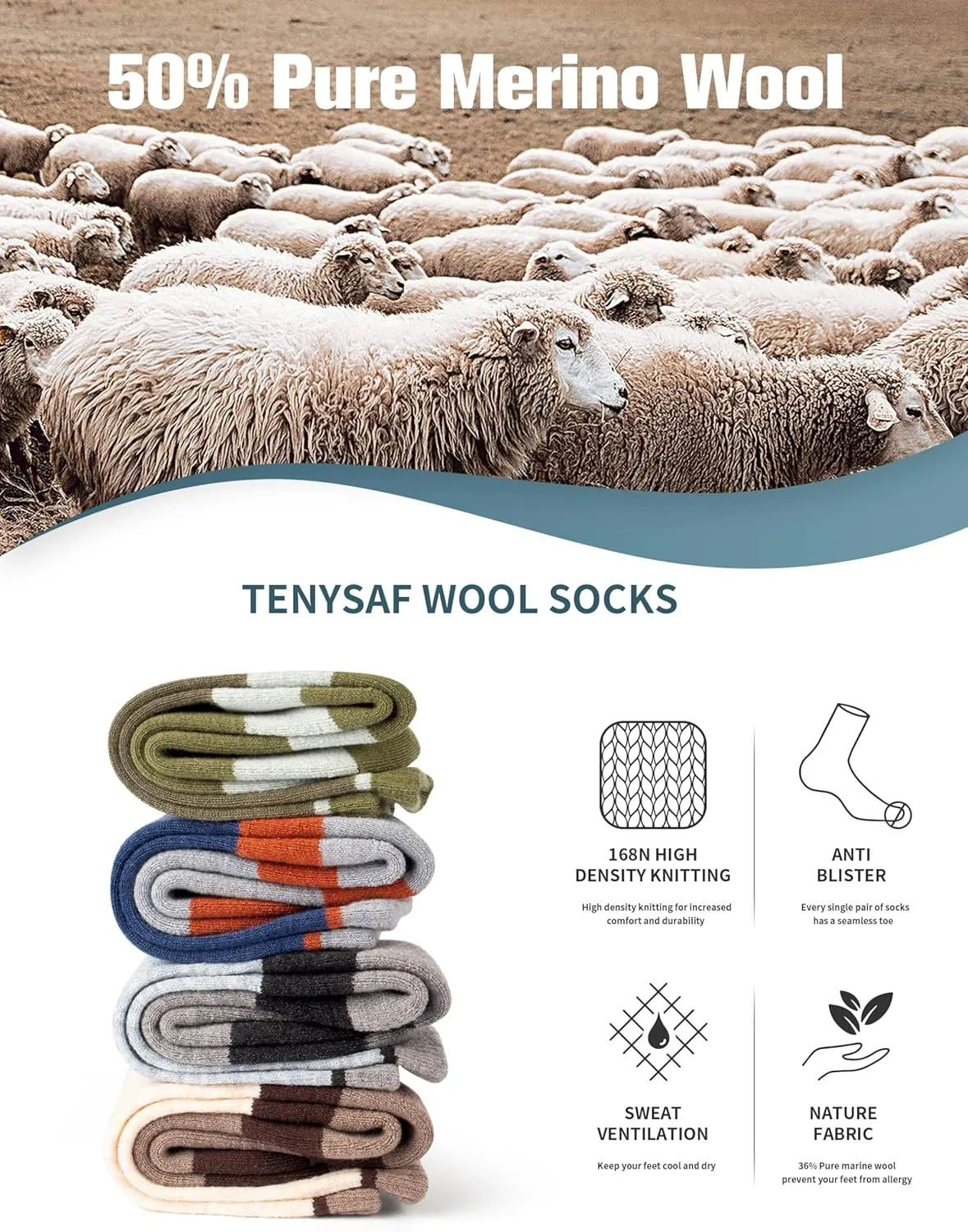 Wool Hiking Socks for Men - Women Lightweight Crew Merino Wool Socks with Cushion for Camping Hunting Work,4 pack