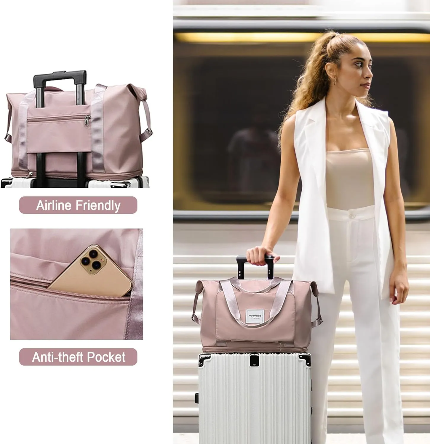 WOOMADA Foldable Travel Duffel, Weekender & Carry-On Bag with Expandable Space