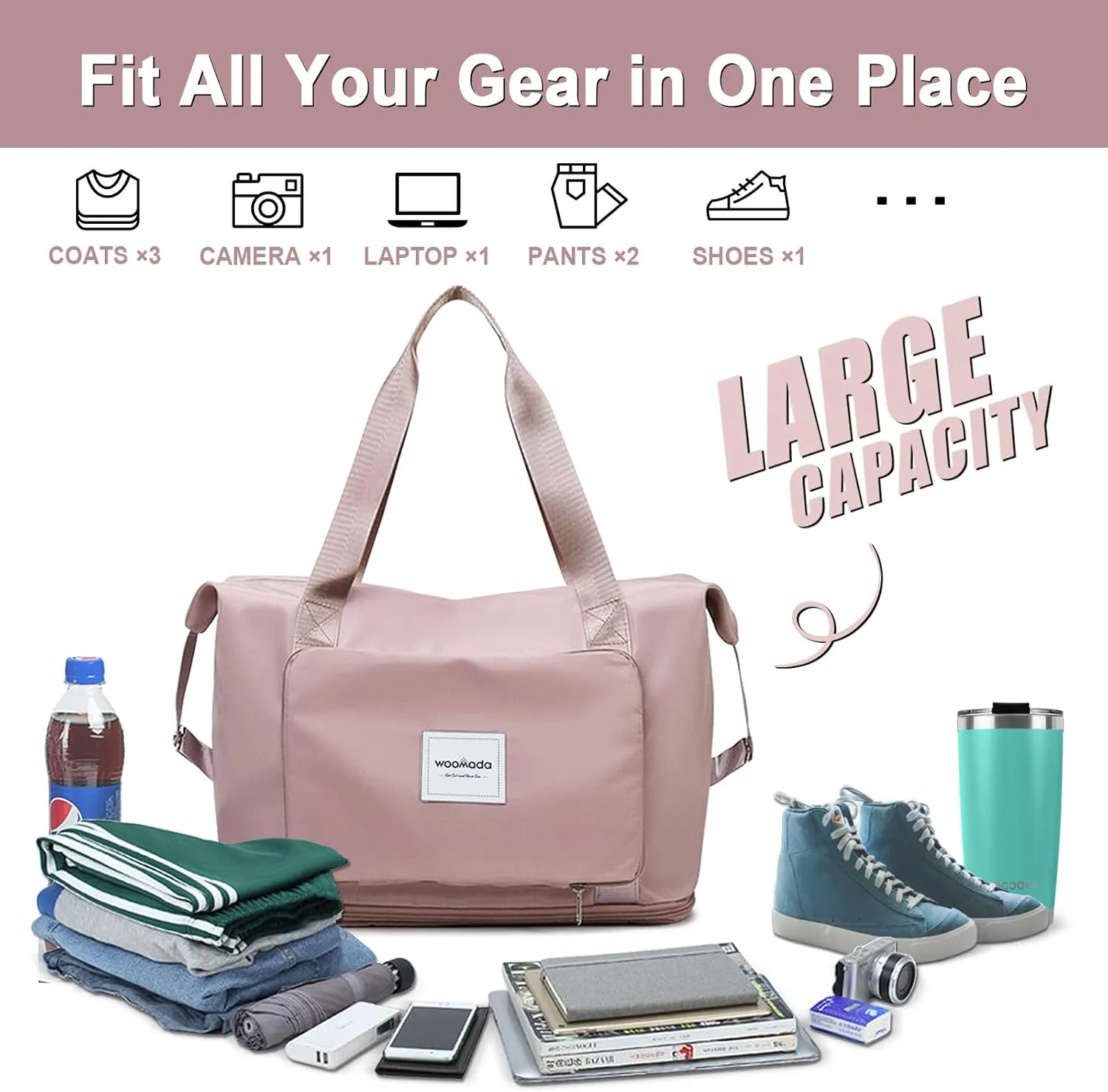 WOOMADA Foldable Travel Duffel, Weekender & Carry-On Bag with Expandable Space