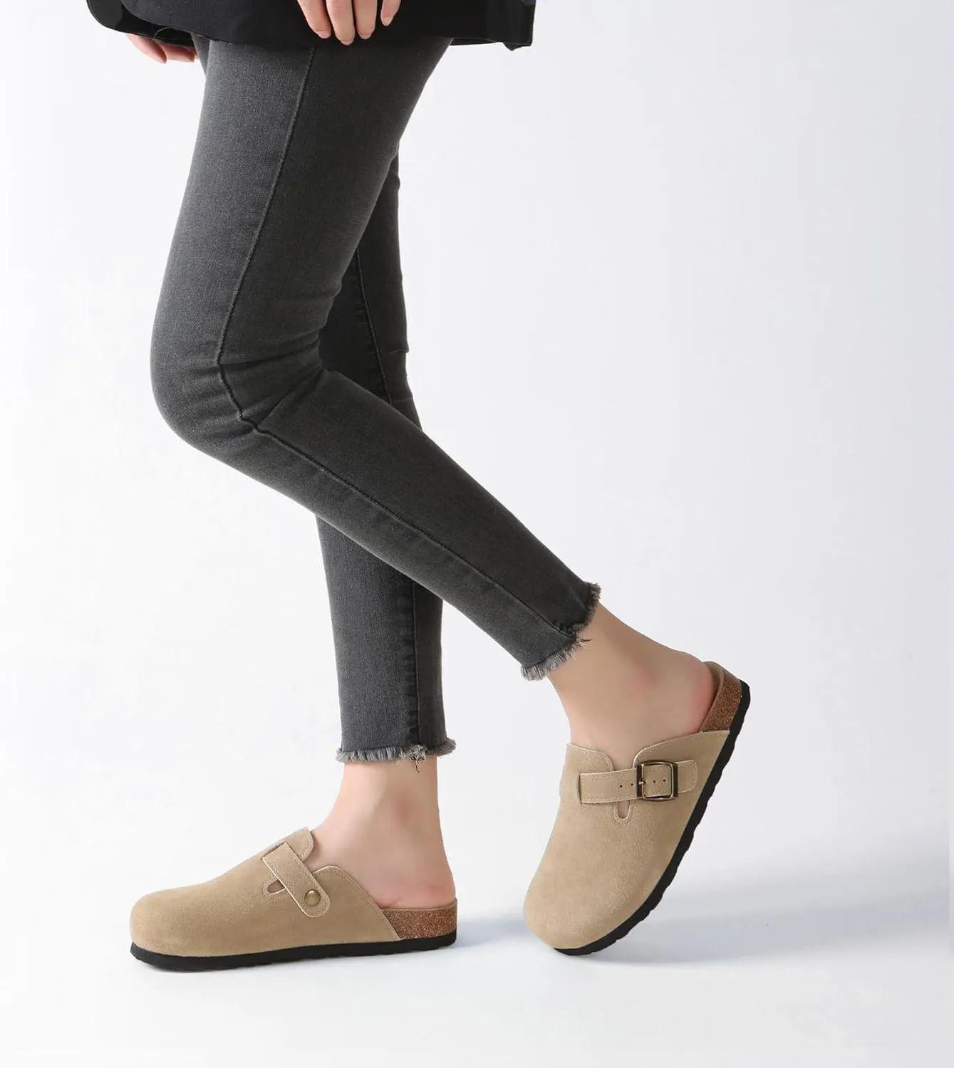 Xiakolaka Women's Suede Clogs Adjustable Buckle Slip on Footbed Home Clog Slippers
