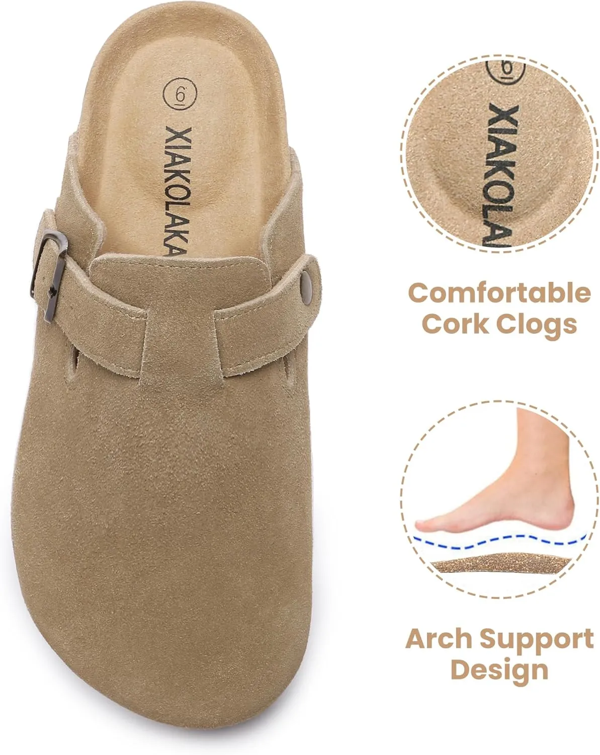 Xiakolaka Women's Suede Clogs Adjustable Buckle Slip on Footbed Home Clog Slippers