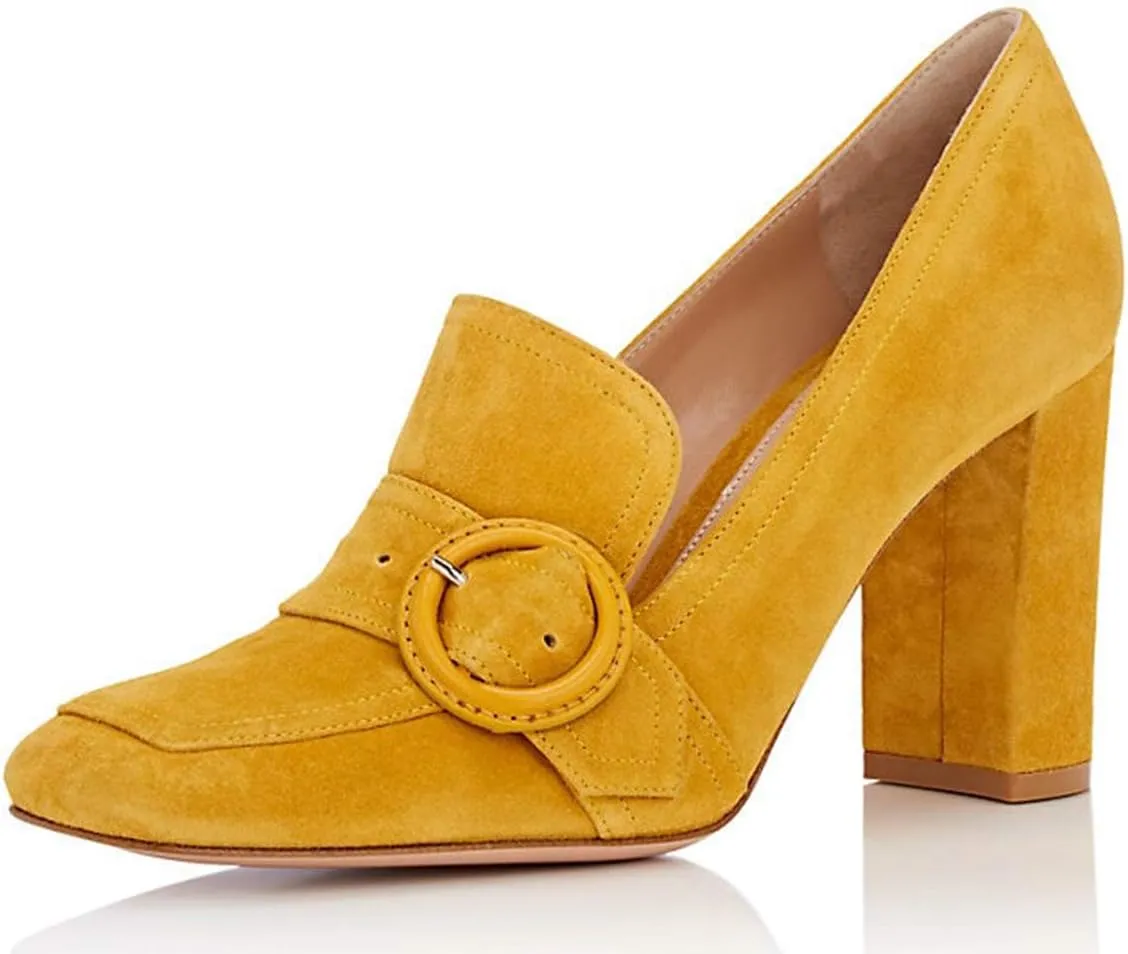 YDN Women Chunky High Heels Square Toe Loafers Shoes Slip On Suede Office Pumps Buckle Size 4-15 US
