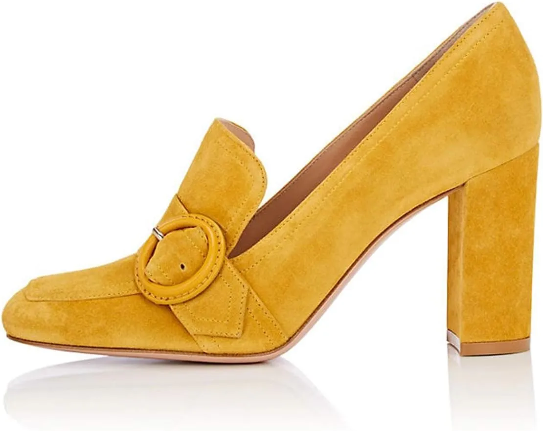 YDN Women Chunky High Heels Square Toe Loafers Shoes Slip On Suede Office Pumps Buckle Size 4-15 US