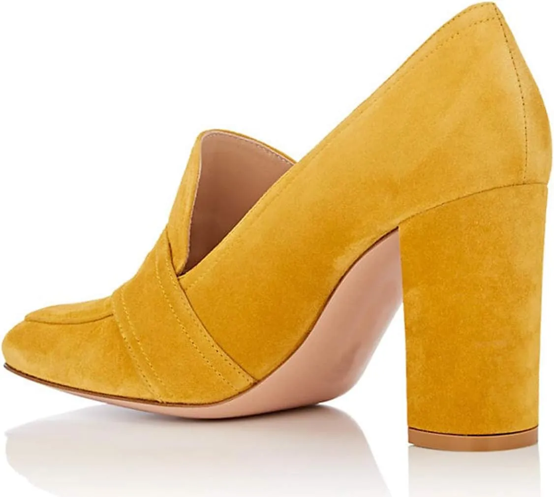 YDN Women Chunky High Heels Square Toe Loafers Shoes Slip On Suede Office Pumps Buckle Size 4-15 US