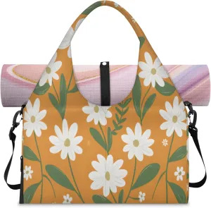 Yellow background white flowers Women's Yoga Gym Bag - Adjustable shoulder strap with shoe compartment, large gym bag with multiple pockets for yoga mat, gym equipment and travel accessories