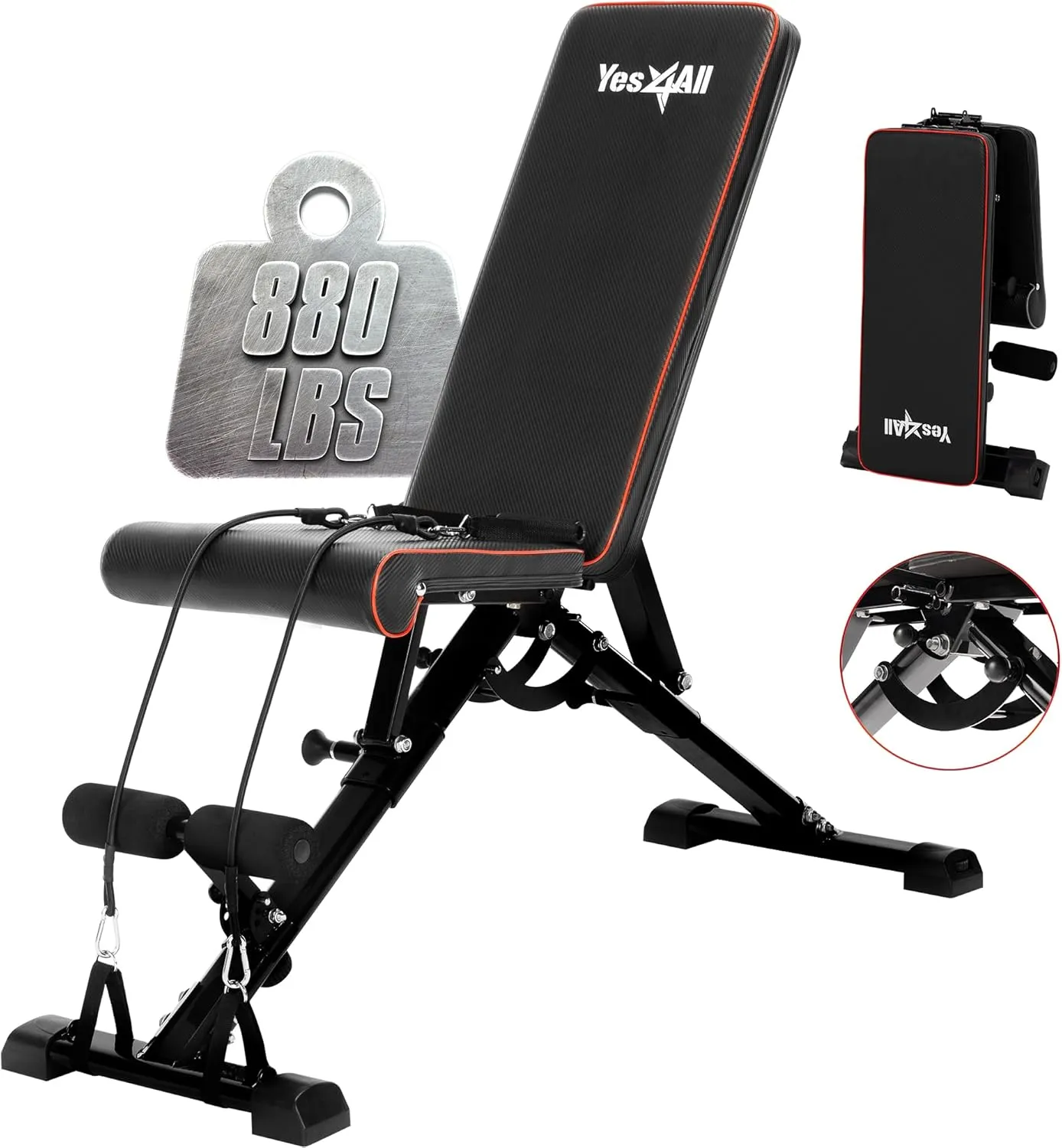 Yes4All Adjustable Weight Bench, Sturdy 880Lb Foldable Workout Bench for Home Gym for Strength Training with 1 Pair of Bands