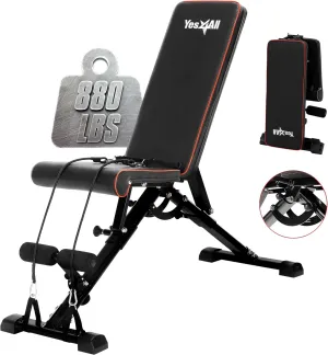 Yes4All Adjustable Weight Bench, Sturdy 880Lb Foldable Workout Bench for Home Gym for Strength Training with 1 Pair of Bands