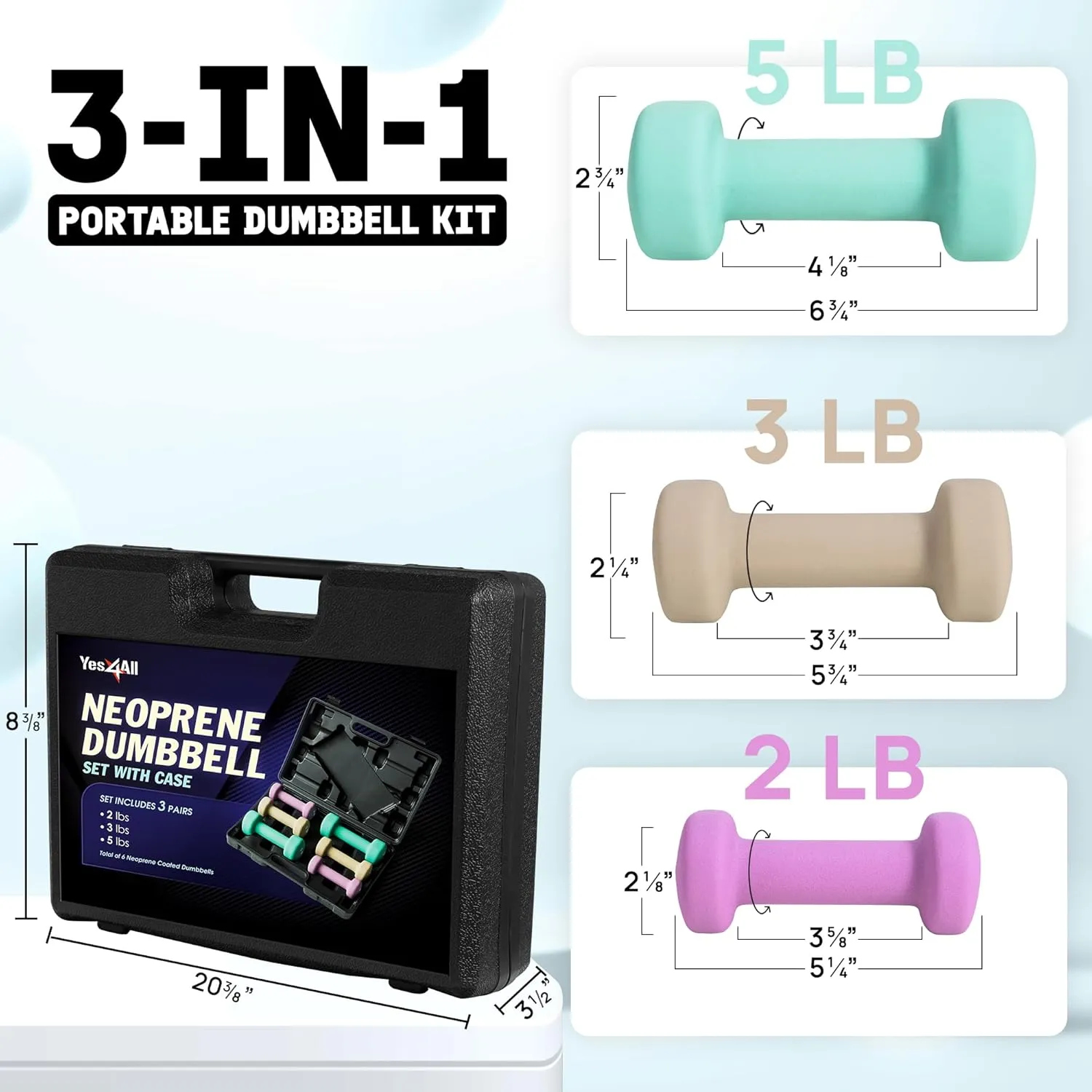 Yes4All Dumbbell Neoprene Set With Case, Weights Dumbbells Set & Hand Weights for Women, Weights Set Exercise & Fitness Dumbbells for Home Gym - 14LB & 20 LB Weights Combo