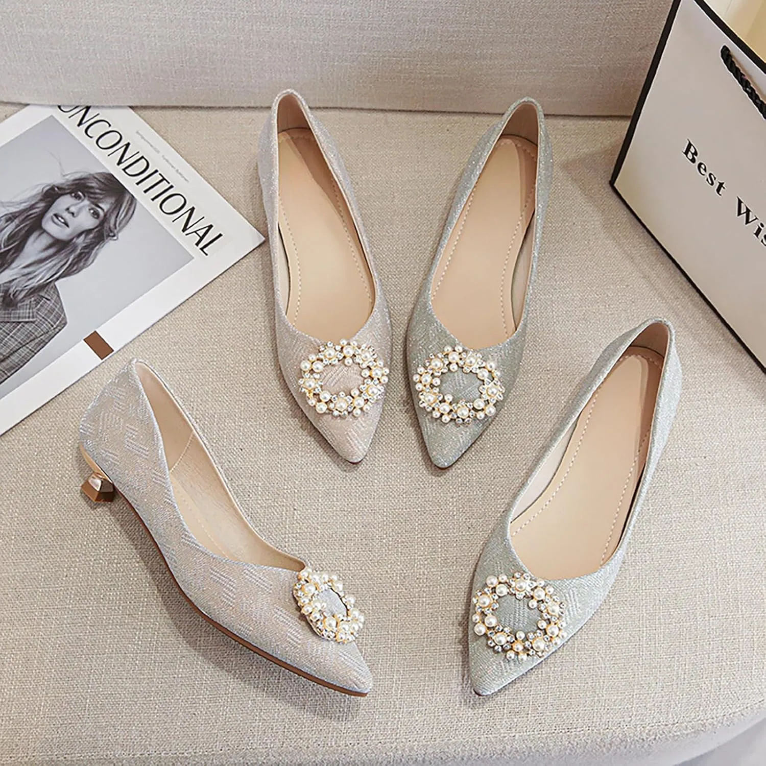 YIBLBOX Women's Dress Shoes Pearl Low Kitten Heels Pointed Toe Slip on Bridal Wedding Party Pump