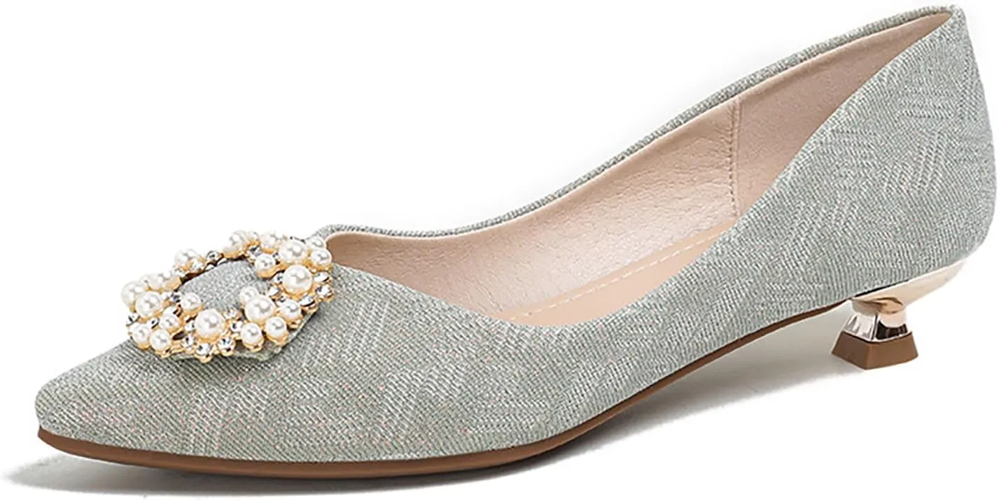 YIBLBOX Women's Dress Shoes Pearl Low Kitten Heels Pointed Toe Slip on Bridal Wedding Party Pump