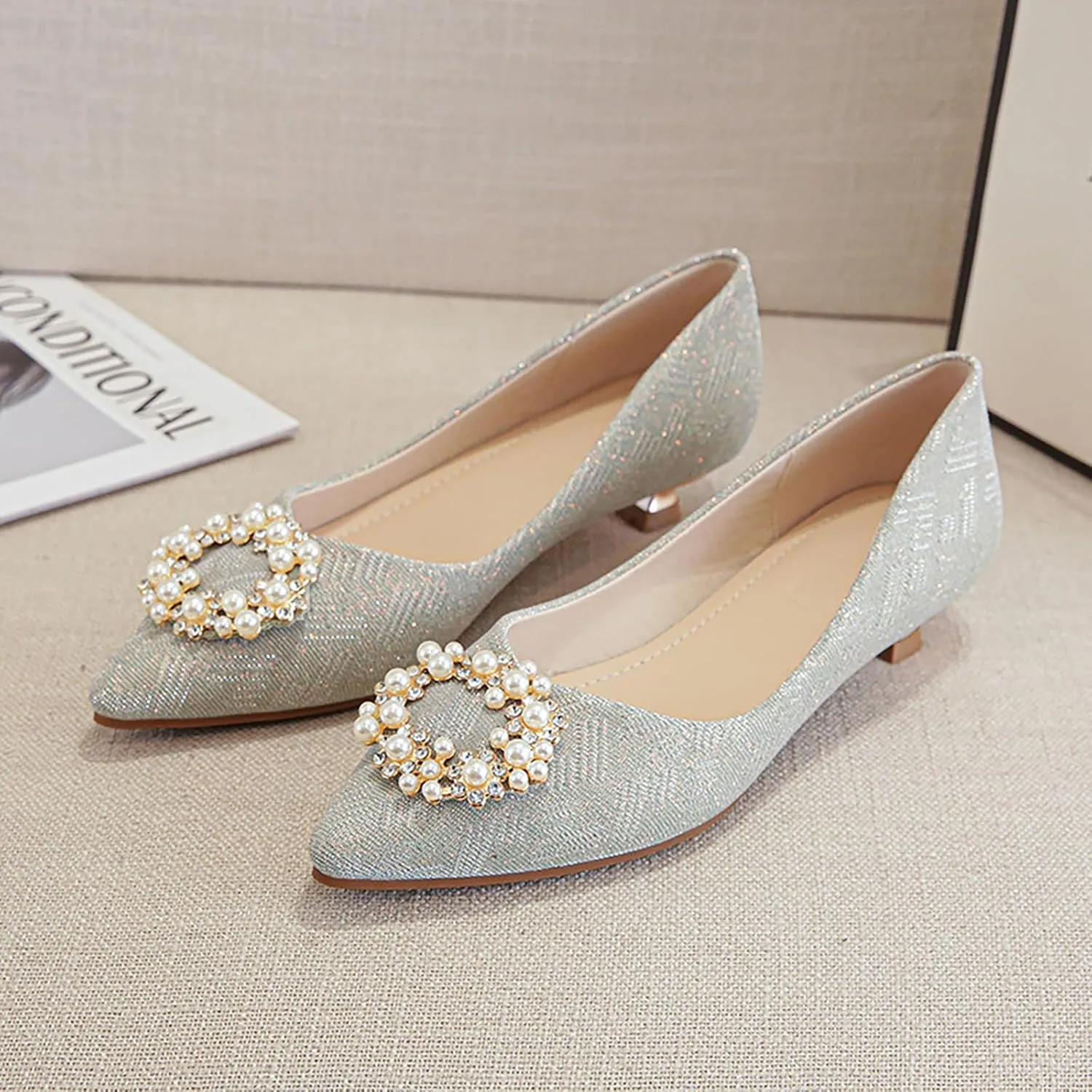 YIBLBOX Women's Dress Shoes Pearl Low Kitten Heels Pointed Toe Slip on Bridal Wedding Party Pump