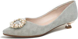 YIBLBOX Women's Dress Shoes Pearl Low Kitten Heels Pointed Toe Slip on Bridal Wedding Party Pump