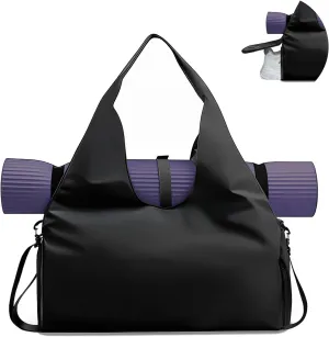 Yoga Bag for Women with Yoga Mat Carrier - Lightweight Gym Duffel Bag with Shoe Compartment, Water-Resistant Workout Tote for Travel, Sports, Gym, Weekender - Black
