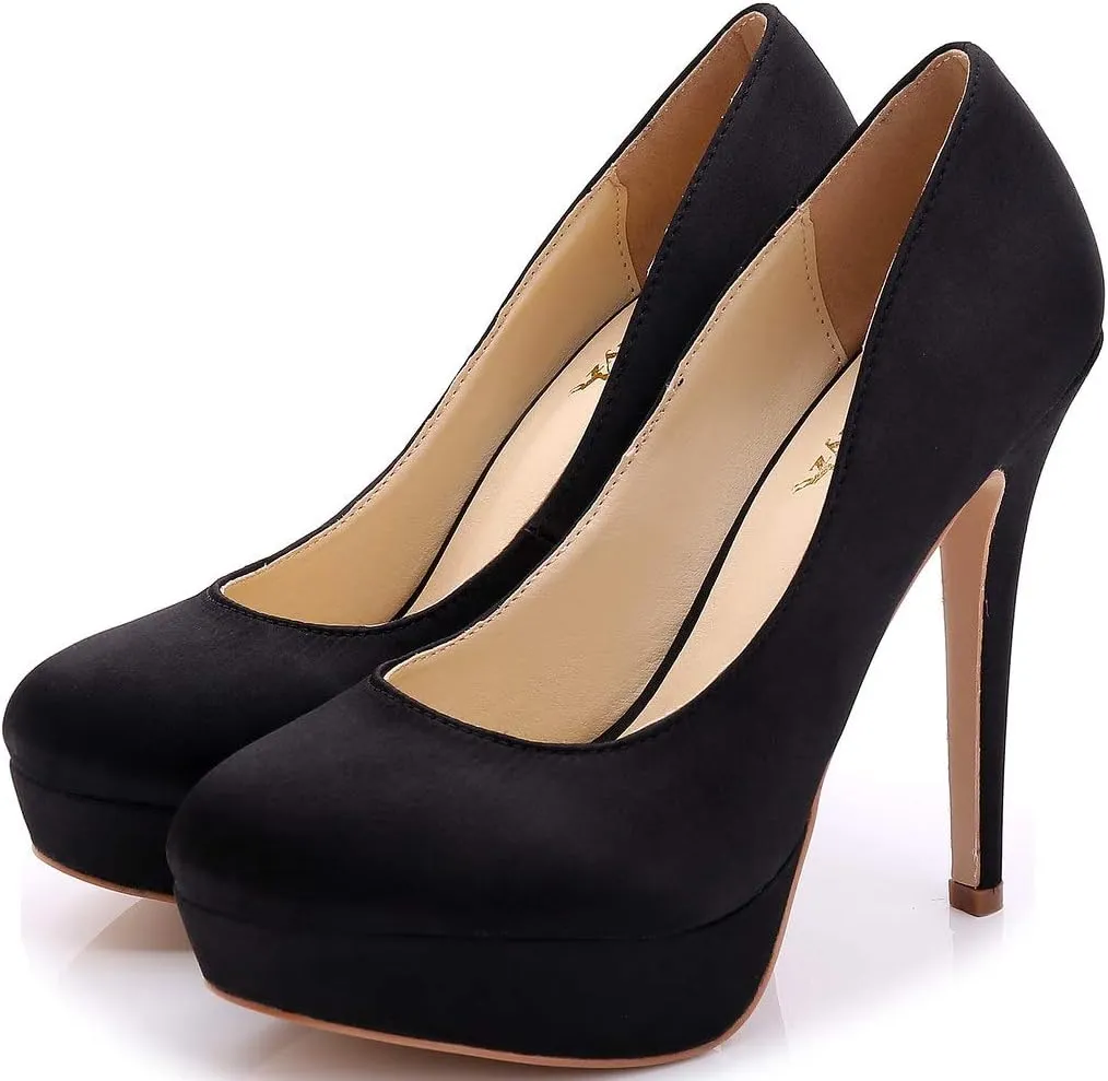 YooPrettyz Women Round Toe Wedding Pumps Platform Satin Stiletto Slip On Evening Heels