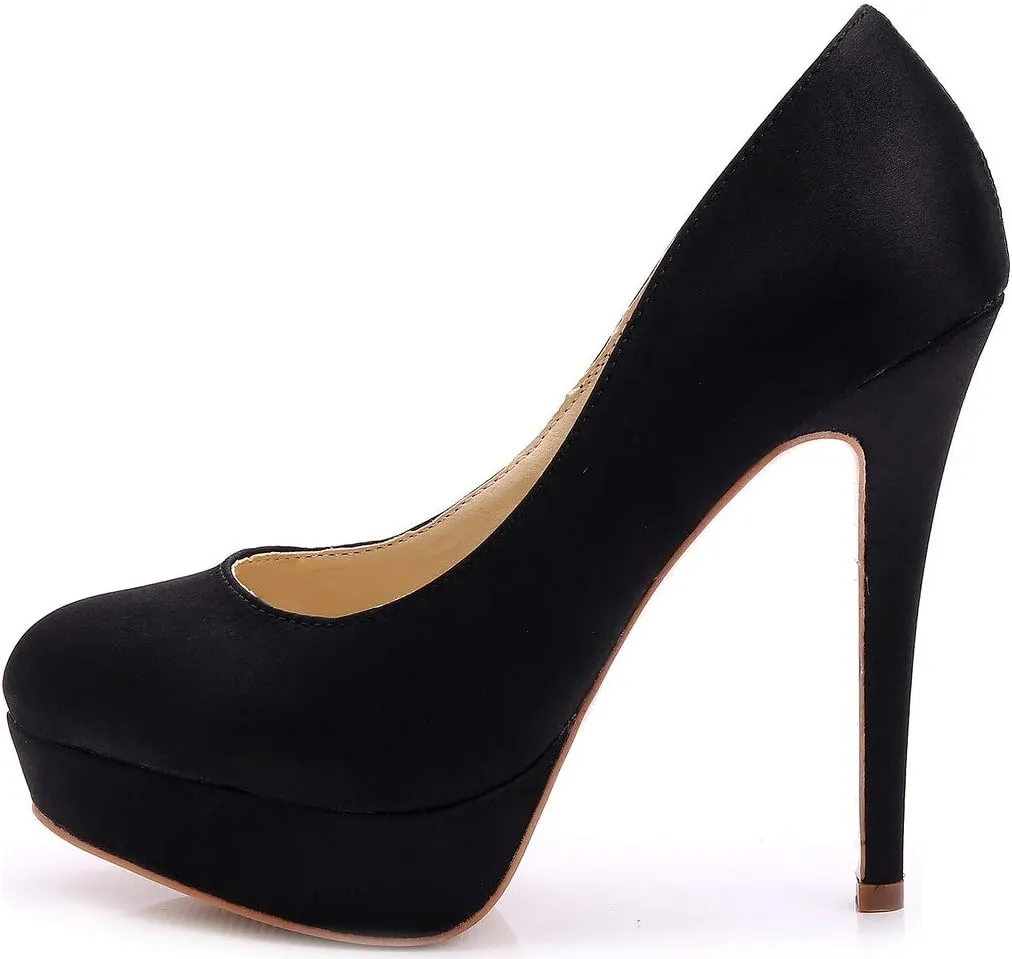 YooPrettyz Women Round Toe Wedding Pumps Platform Satin Stiletto Slip On Evening Heels