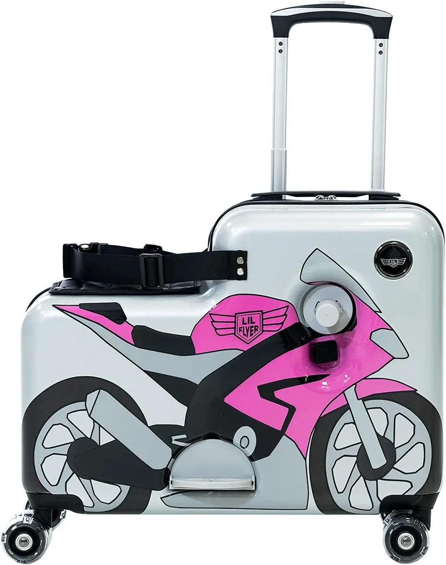 Younglingz Lil Flyer 20" kid ride on suitcase child stroller spinner luggage (Pink Motorcycle)