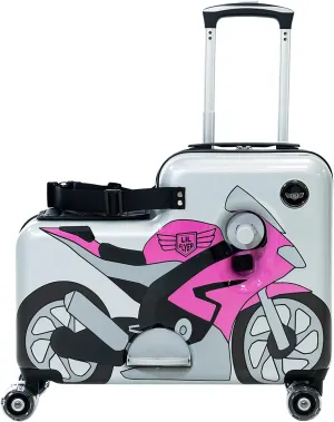 Younglingz Lil Flyer 20" kid ride on suitcase child stroller spinner luggage (Pink Motorcycle)