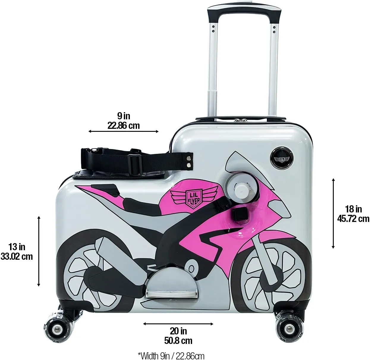 Younglingz Lil Flyer 20" kid ride on suitcase child stroller spinner luggage (Pink Motorcycle)
