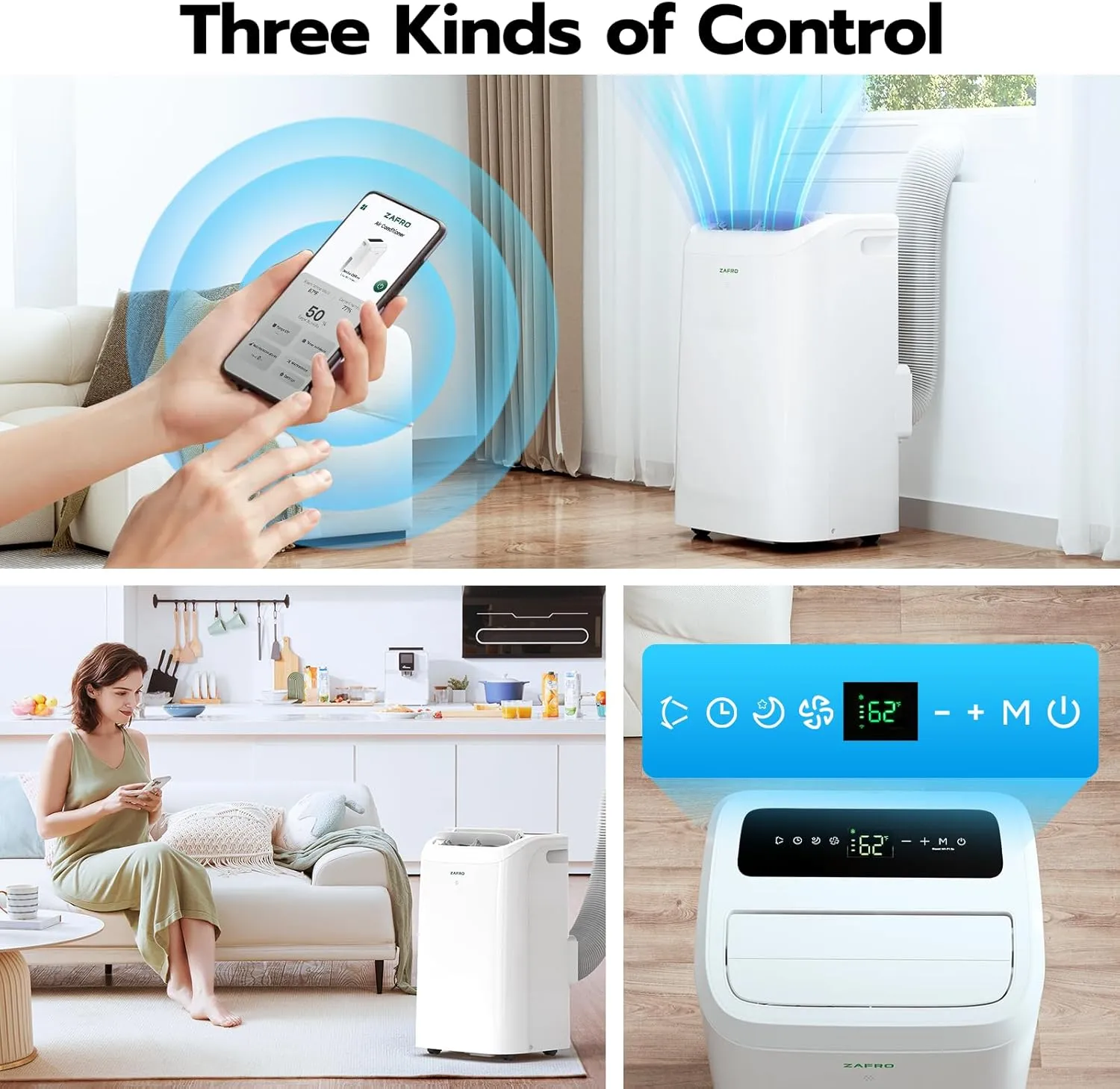 ZAFRO Portable Air Conditioner 14,000 BTU (10,000 BTU SACC), 46dB-Quiet Cooling, WiFi/App Control, 24H Timer with Fan & Dehumidifier, Easy Installation for Bedroom, Office, Living Room