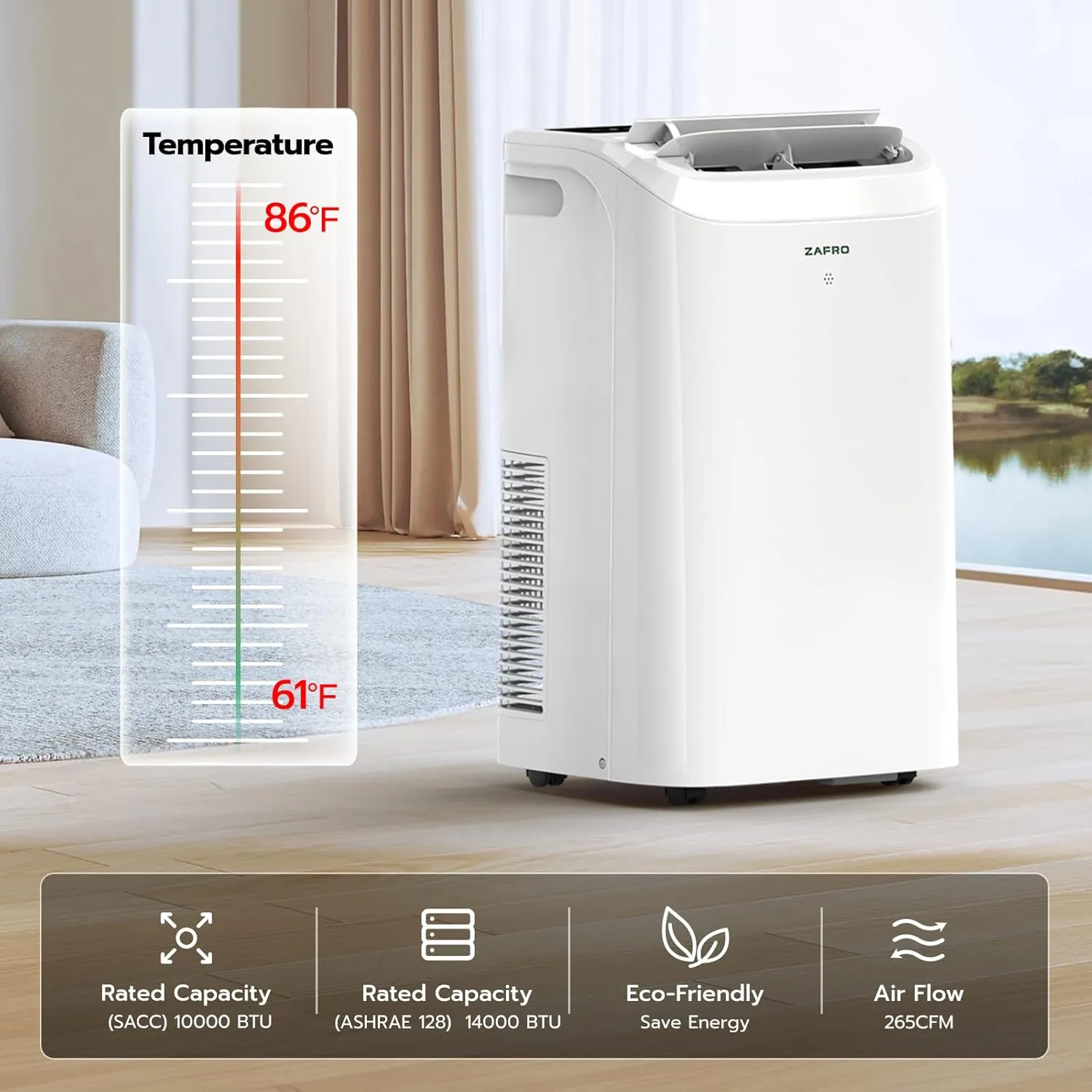 ZAFRO Portable Air Conditioner 14,000 BTU (10,000 BTU SACC), 46dB-Quiet Cooling, WiFi/App Control, 24H Timer with Fan & Dehumidifier, Easy Installation for Bedroom, Office, Living Room