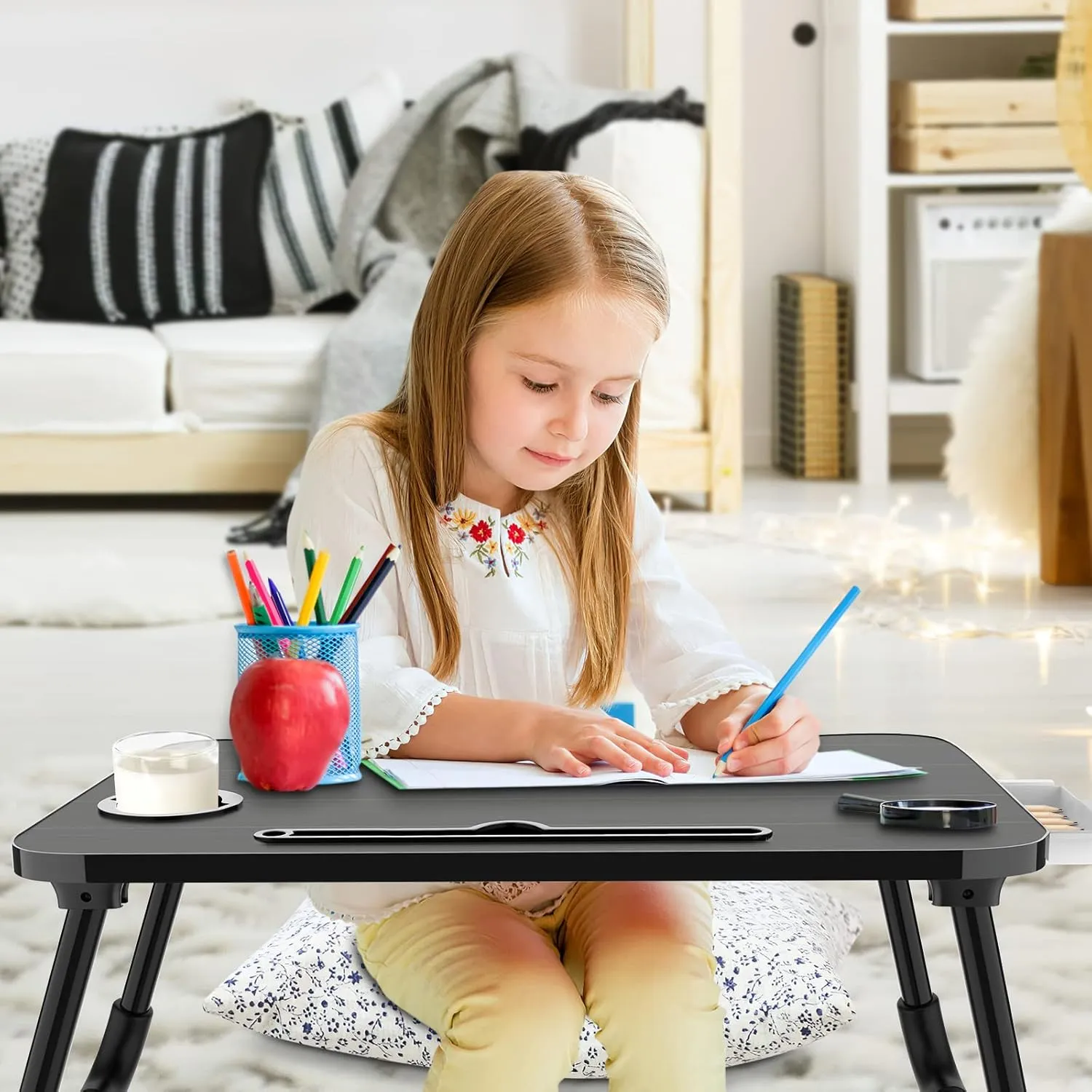 Zapuno Foldable Laptop Bed Table Multi-Function Lap Serving Tray Dining Table with Storage Drawer and Water Bottle Holder, Slot for Eating, Working on Couch/Sofa (Arc Shape)