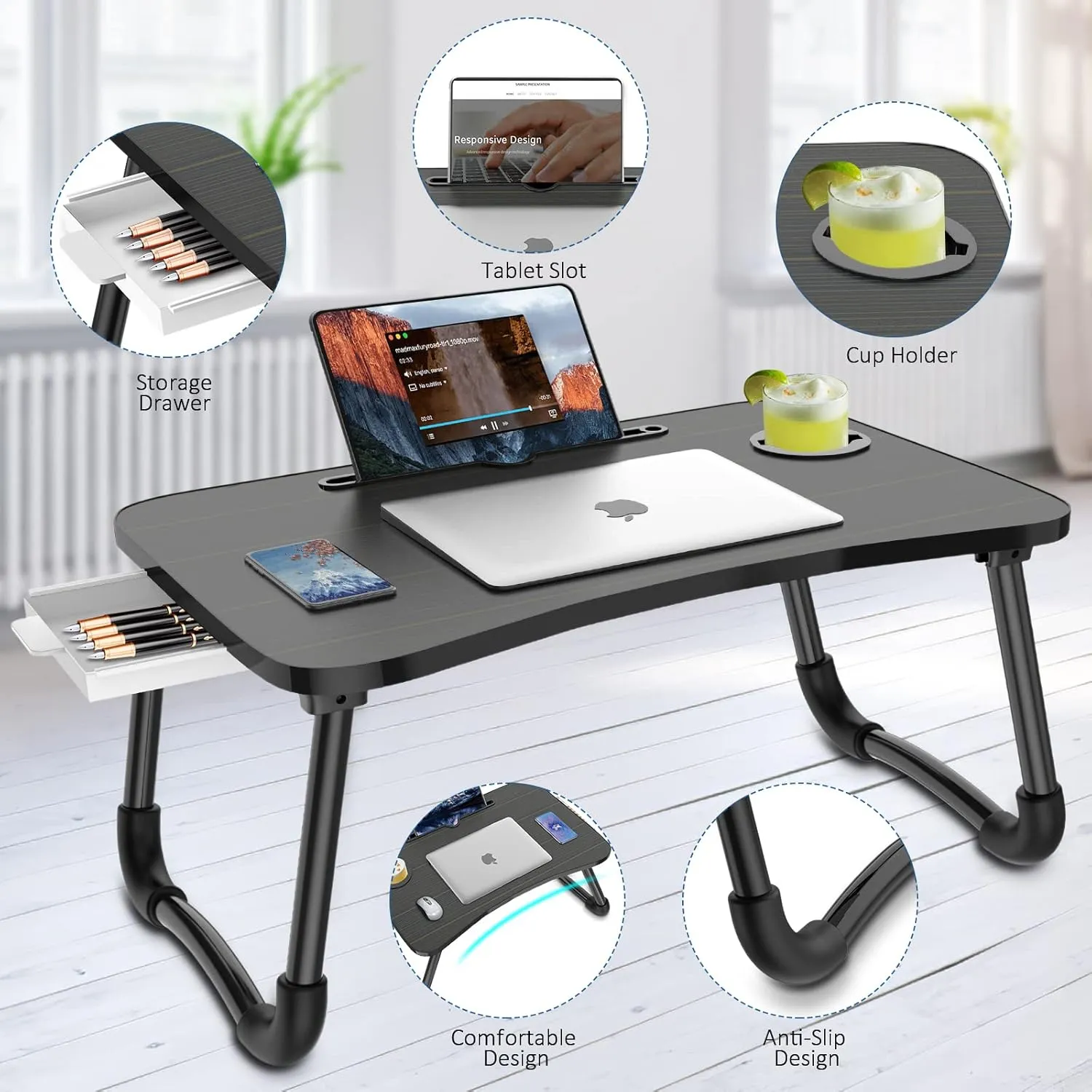 Zapuno Foldable Laptop Bed Table Multi-Function Lap Serving Tray Dining Table with Storage Drawer and Water Bottle Holder, Slot for Eating, Working on Couch/Sofa (Arc Shape)