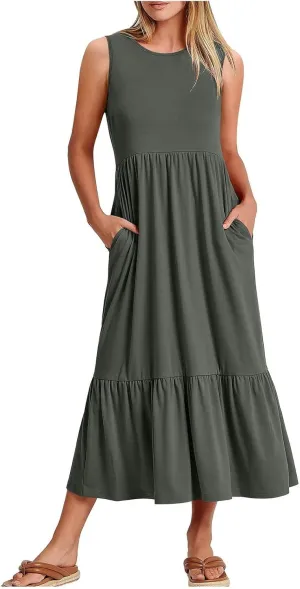 ZDRZK Sundresses for Women 2024 Crewneck Casual Flowy Beach Maxi Dress Sleeveless Tiered Summer Tank Dresses with Pockets