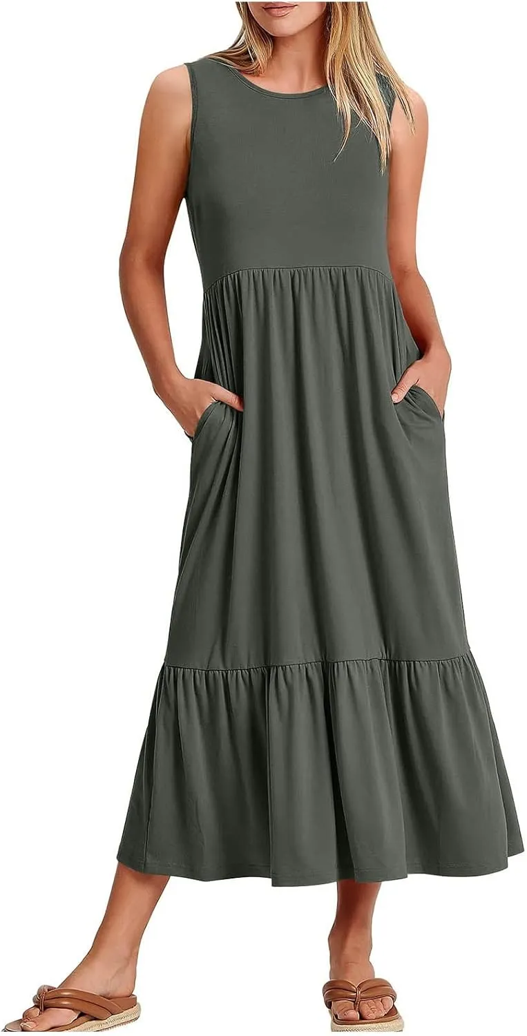 ZDRZK Sundresses for Women 2024 Crewneck Casual Flowy Beach Maxi Dress Sleeveless Tiered Summer Tank Dresses with Pockets