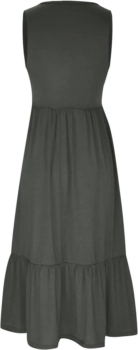 ZDRZK Sundresses for Women 2024 Crewneck Casual Flowy Beach Maxi Dress Sleeveless Tiered Summer Tank Dresses with Pockets