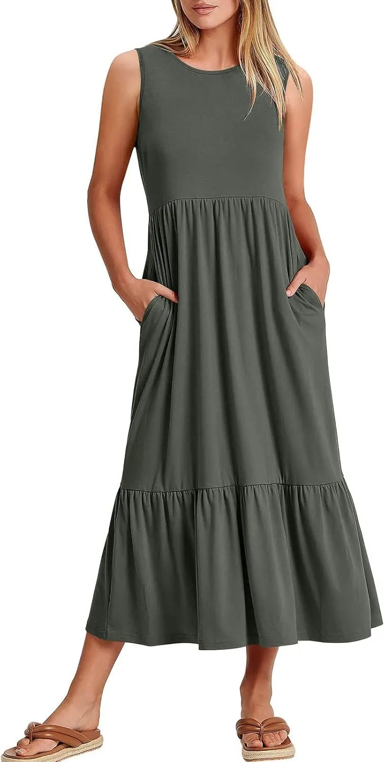 ZDRZK Sundresses for Women 2024 Crewneck Casual Flowy Beach Maxi Dress Sleeveless Tiered Summer Tank Dresses with Pockets