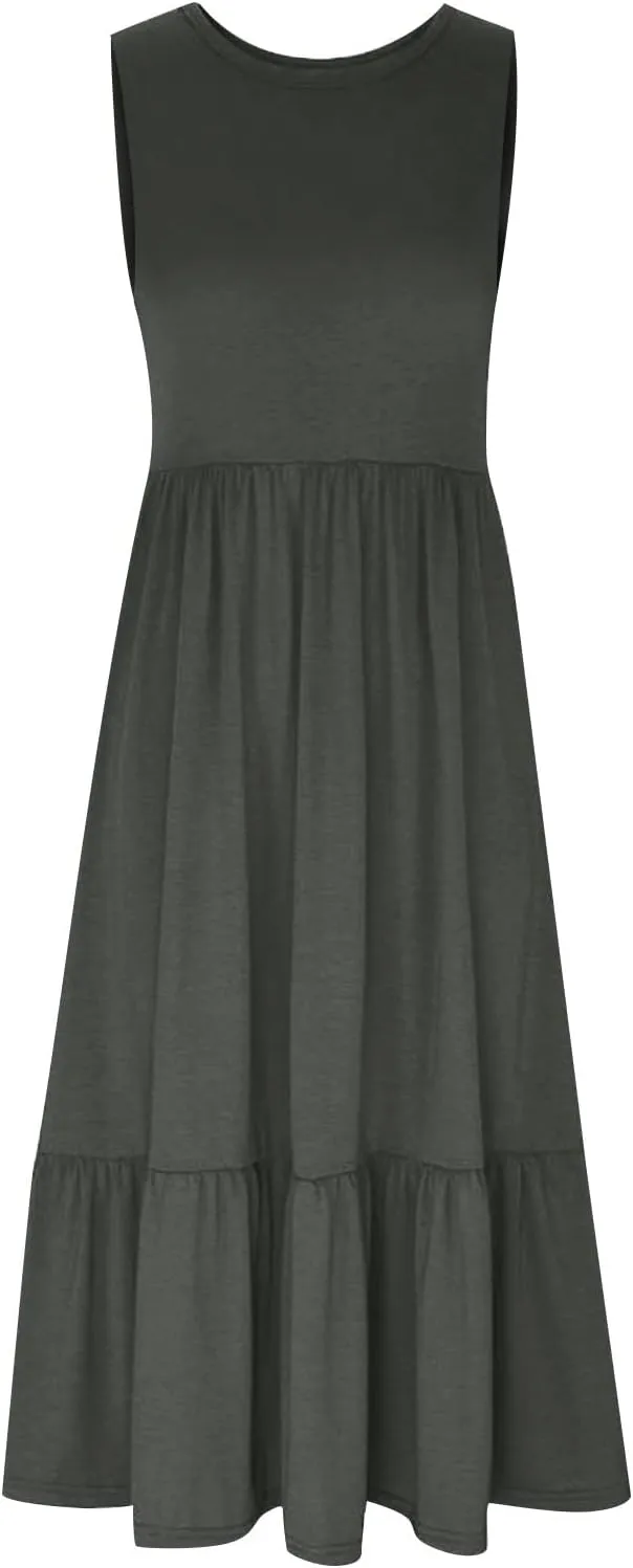 ZDRZK Sundresses for Women 2024 Crewneck Casual Flowy Beach Maxi Dress Sleeveless Tiered Summer Tank Dresses with Pockets
