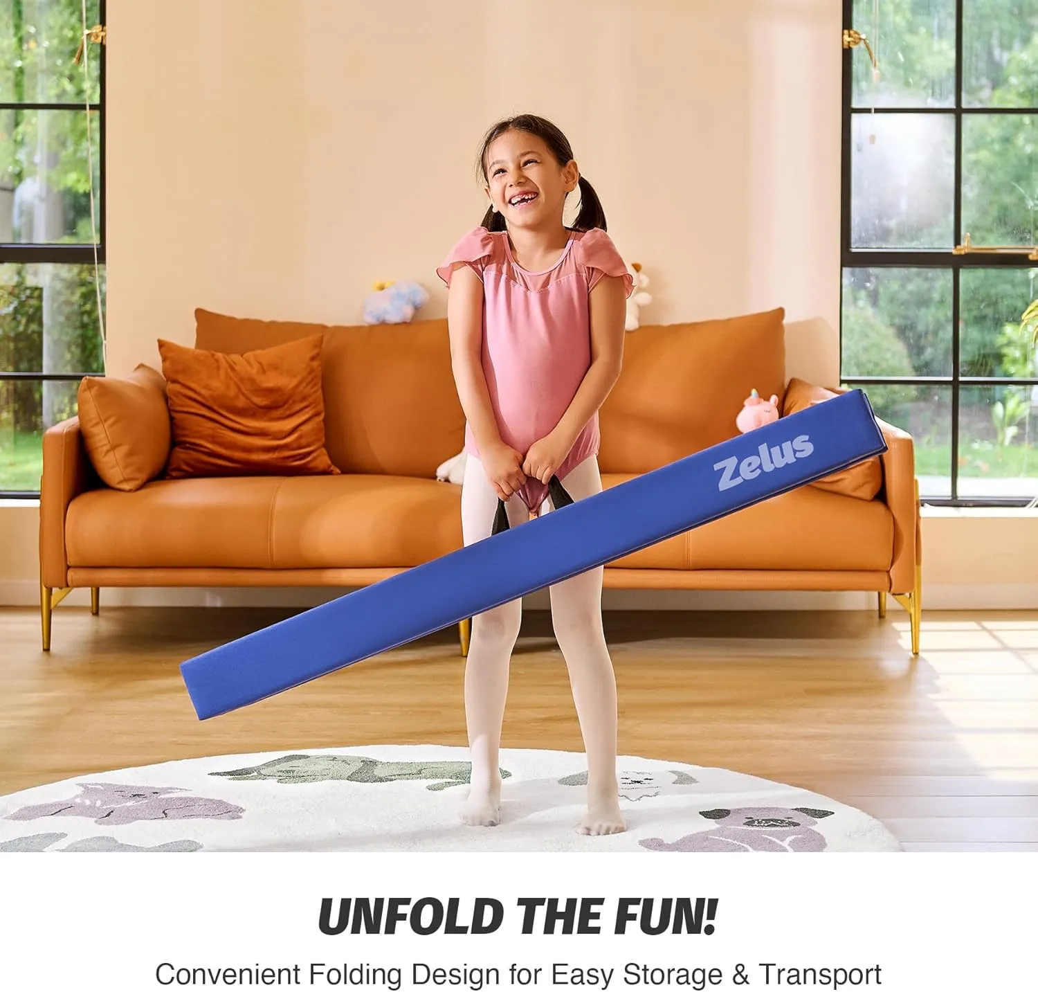 ZELUS 8' Folding Gymnastics Balance Beam, Floor Balance Beam w/Carry Handles Anti-Slip Base for Kids, Beginners & Professional Gymnasts