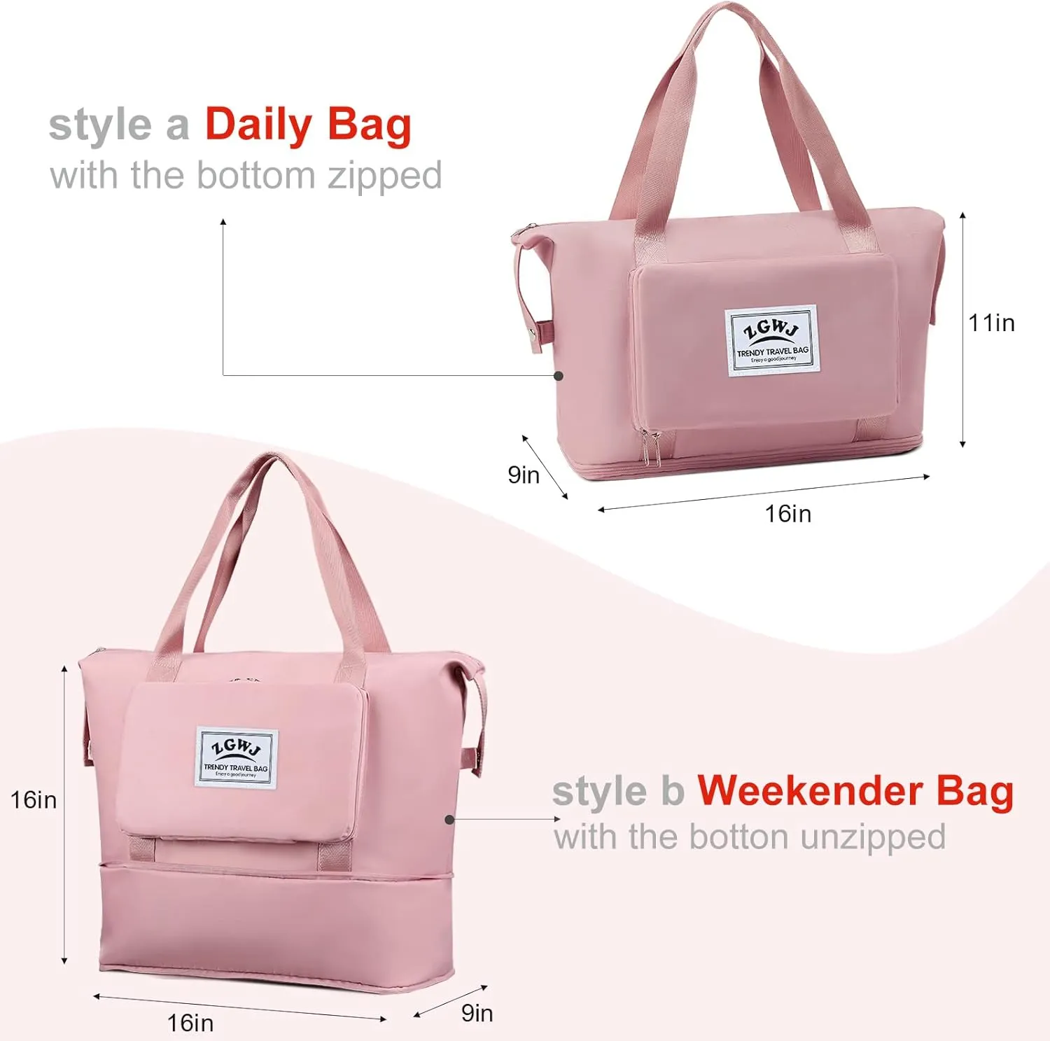 ZGWJ Travel Tote Bags, Expandable Overnight Weekender Bag for Women Foldable Carry-On