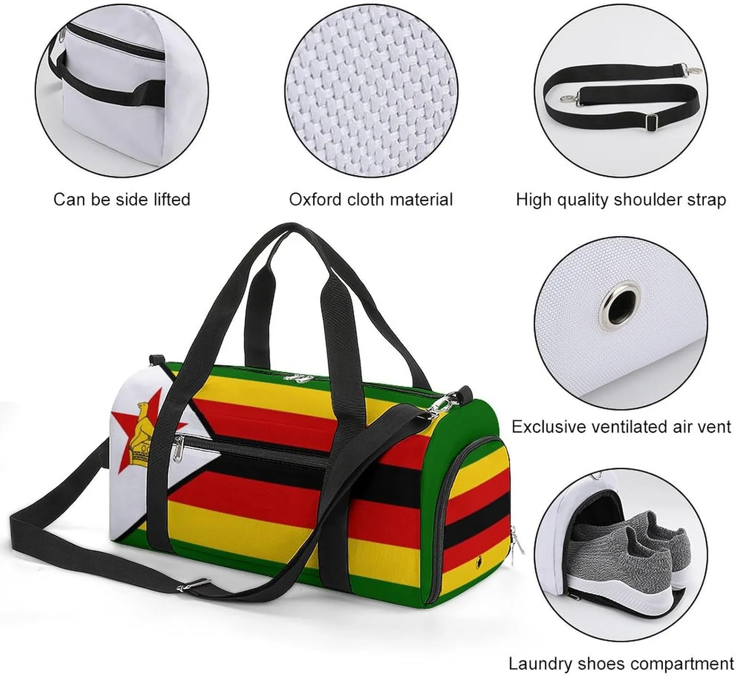 Zimbabwe Flag Duffle Bag for Sports Lightweight Waterproof Gym Bag with Shoe Compartment