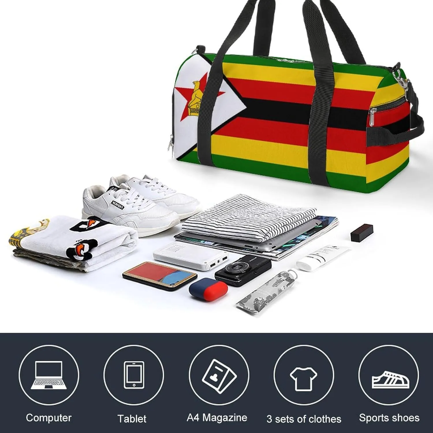 Zimbabwe Flag Duffle Bag for Sports Lightweight Waterproof Gym Bag with Shoe Compartment